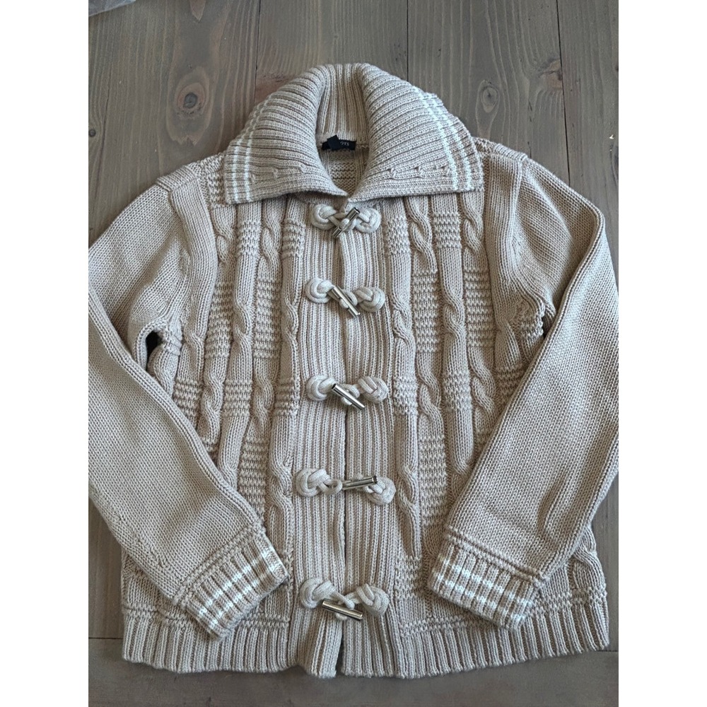 B10 Talbots Petite Small Beige Cable‎ Knit Toggle Cardigan Shawl Sweater SP